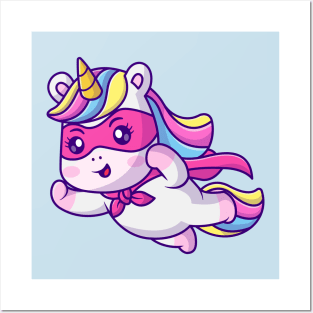 Cute Unicorn Super Hero Flying Cartoon Posters and Art